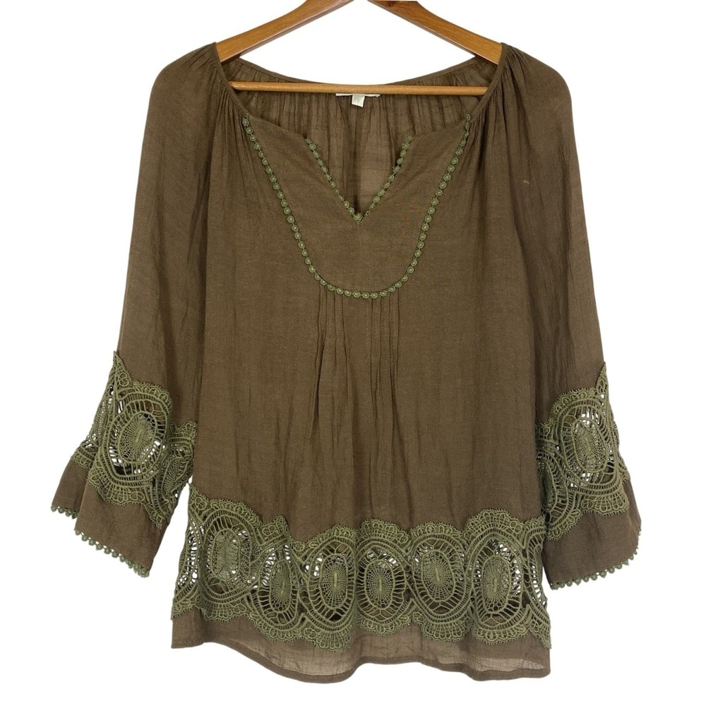 JADE Melody Tam Small V-Neck Blouse Top Casual Boho Minimalist Brown Crochet 3/4